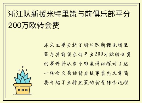 浙江队新援米特里策与前俱乐部平分200万欧转会费